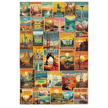 Vintage United States Travel Puzzles for Adults 1000 Pieces, American Landscape Collage Jigsaw Puzzle Including 35 Landmarks Posters，Retro Nature Scenic Puzzle Yosemite National Park Statue of Liberty PPuzzling