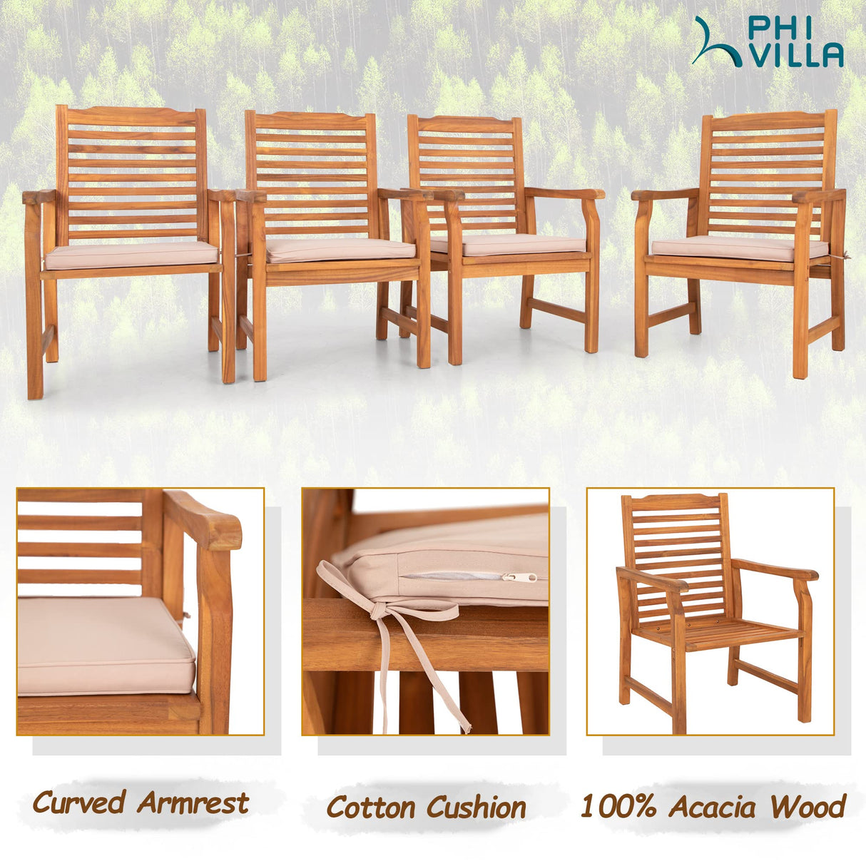 PHI VILLA 2 Pieces Acacia Wood Outdoor Dining Chairs with Cushions, Patio Oil Finished Wooden Armchairs Set of 2, Natural Teak Dining Chairs for Deck, Yard, Porch PHI VILLA