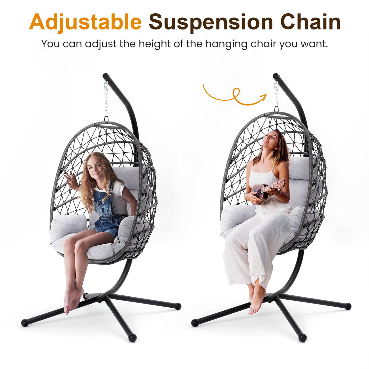 RoyalCraft Hanging Egg Chair Outdoor Swing Chair with Stand, Hammock Chair Indoor, Patio Boho Wicker Hanging Chair with Stand 350lbs Capacity for Garden, Balcony, Bedroom, Black & Gray RoyalCraft