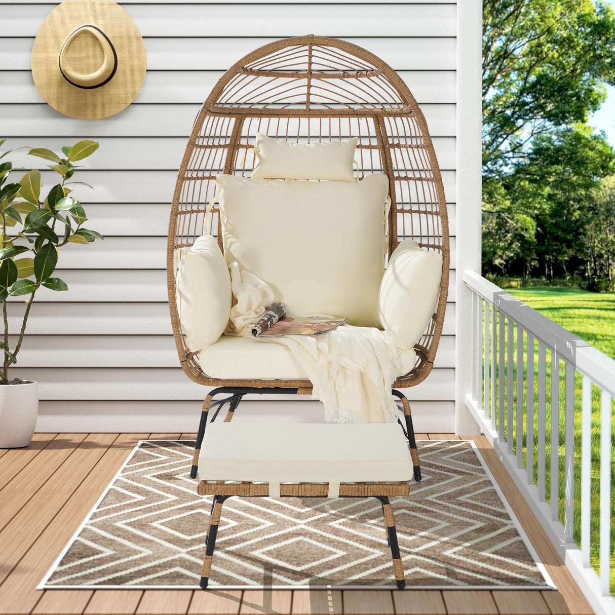 RuiSiSi Wicker Egg Chair, Rattan Egg Chair Indoor Outdoor, Oversized Large Egg Chairs with Ottoman and Thick Cushions for Porch Backyard Balcony, Beige RuiSiSi