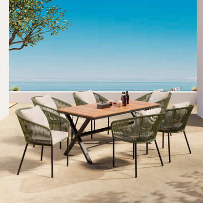 Merax 7 Pieces Patio Dining Table and Chairs, All-Weather Outdoor Furniture Set with Acacia Wood Tabletop and Metal Frame, for Garden, Backyard, Balcony, Green - WoodArtSupply