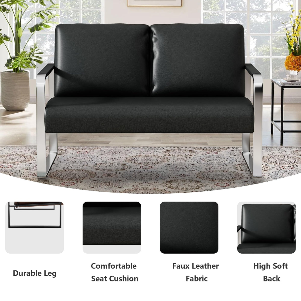 POINTANT Love Seat Mini Couch Small Settee Loveseat Bench for Living Room, Faux Leather Loveseat Sofa Waiting Room Furniture for Small Spaces with Padded Cushion, Mid Century Modern Black Love Seats POINTANT