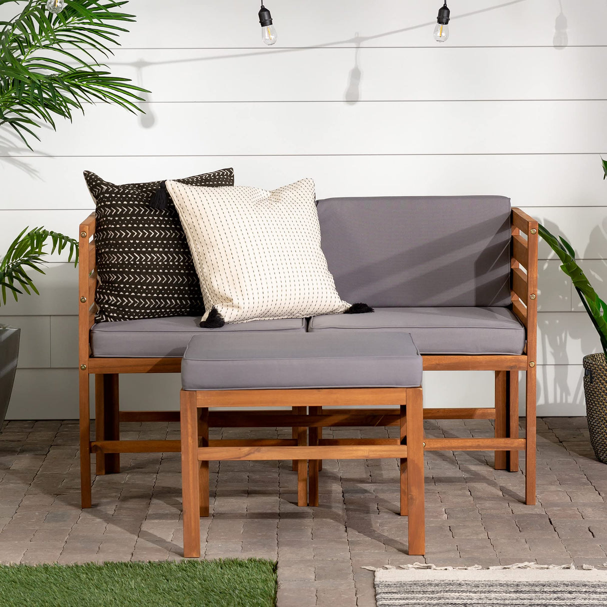 Walker Edison Ravello Contemporary 3 Piece Acacia Wood Outdoor Modular Chat Set with Cushions, Set of 3, Brown Walker Edison