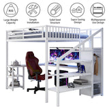 Queen Size Loft Bed with Desk,Metal Heavy Duty Queen Loft Beds with Stairs,Wardrobe and Shelves, High Gaming LoftBed with LED Light and USB Charging Station for Adults,Teens, White Mirightone