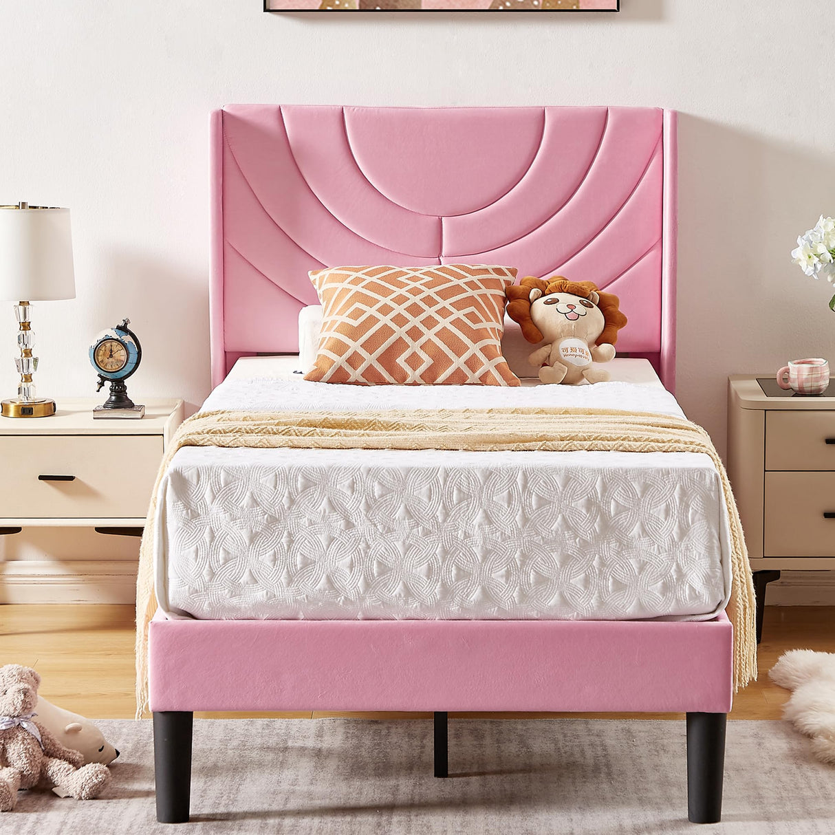 VECELO Twin Upholstered Platform Bed Frame with Fabric Headboard,Wooden Slats Support/No Box Spring Needed/Mattress Foundation for Girls,Boys,Pink VECELO