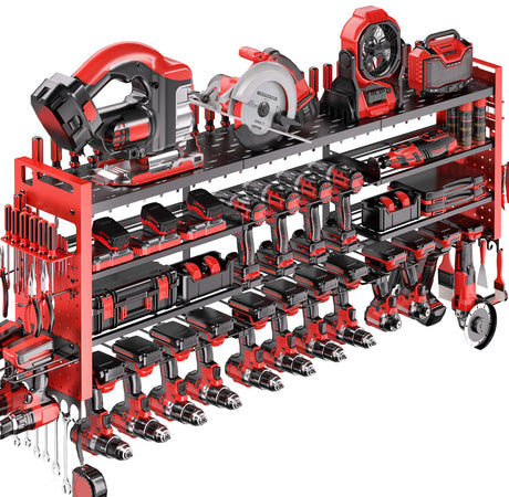 Shomextol 49.8" W Super Large Power Tool Organizer Wall Mount,4-Layer Heavy Duty Tool Storage with 18 Cordless Drill Holder,600 lb Capacity Garage Organization for Garage and Workshop (Red) Shomextol