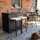 Yaheetech 3pcs Outdoor Bar Set, Patio Wicker Bar Furniture with 2 Storage Shelves, Glass Top Table, Cushions and Two Stools, Brown/Khaki Yaheetech