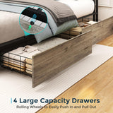 SADENICEL King Size Bed Frame with Storage Headboard, Metal Platform King Bed Frame Wood with 4 Drawers, LED Light, Charging Station, No Box Spring Needed, Noise Free, Easy Assembly, Grey SADENICEL