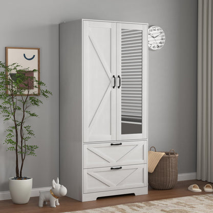 Armoire Wardrobe Closet, with 2 Rattan Doors, Freestanding Wooden Wardrobe Cabinet with 3 Storage Drawers and Hanging Rail, Wardrobe Armoire for Bedroom (White+Mirror)