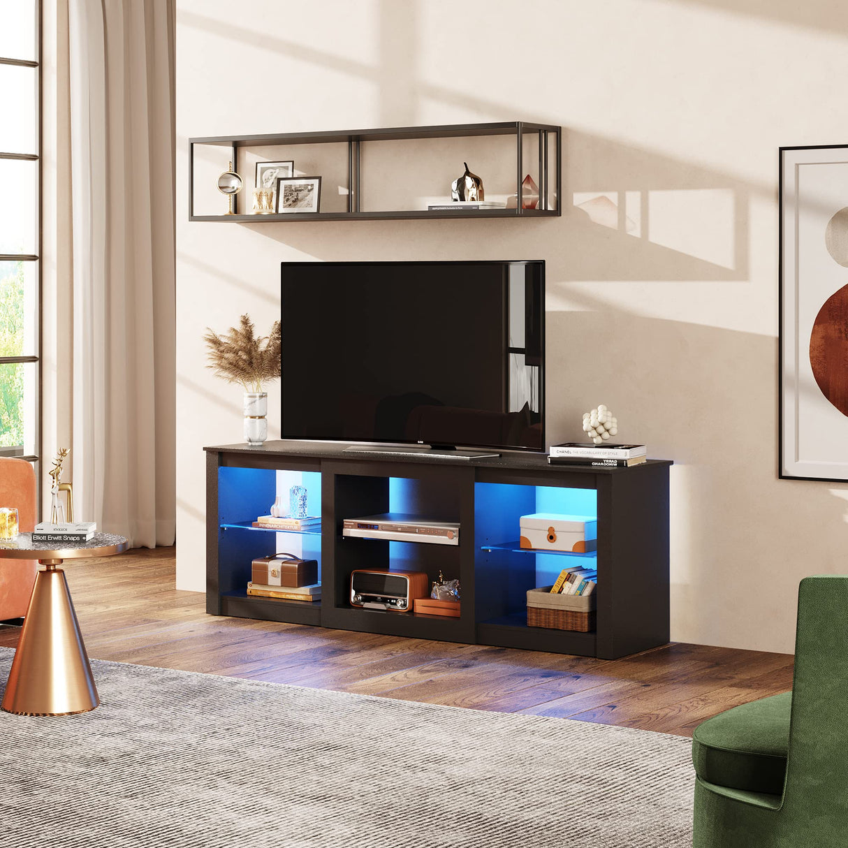 WLIVE TV Stand for 65 Inch TV, Entertainment Center with Adjustable Glass Shelves, LED TV Console, TV Stands for Living Room, Black WLIVE