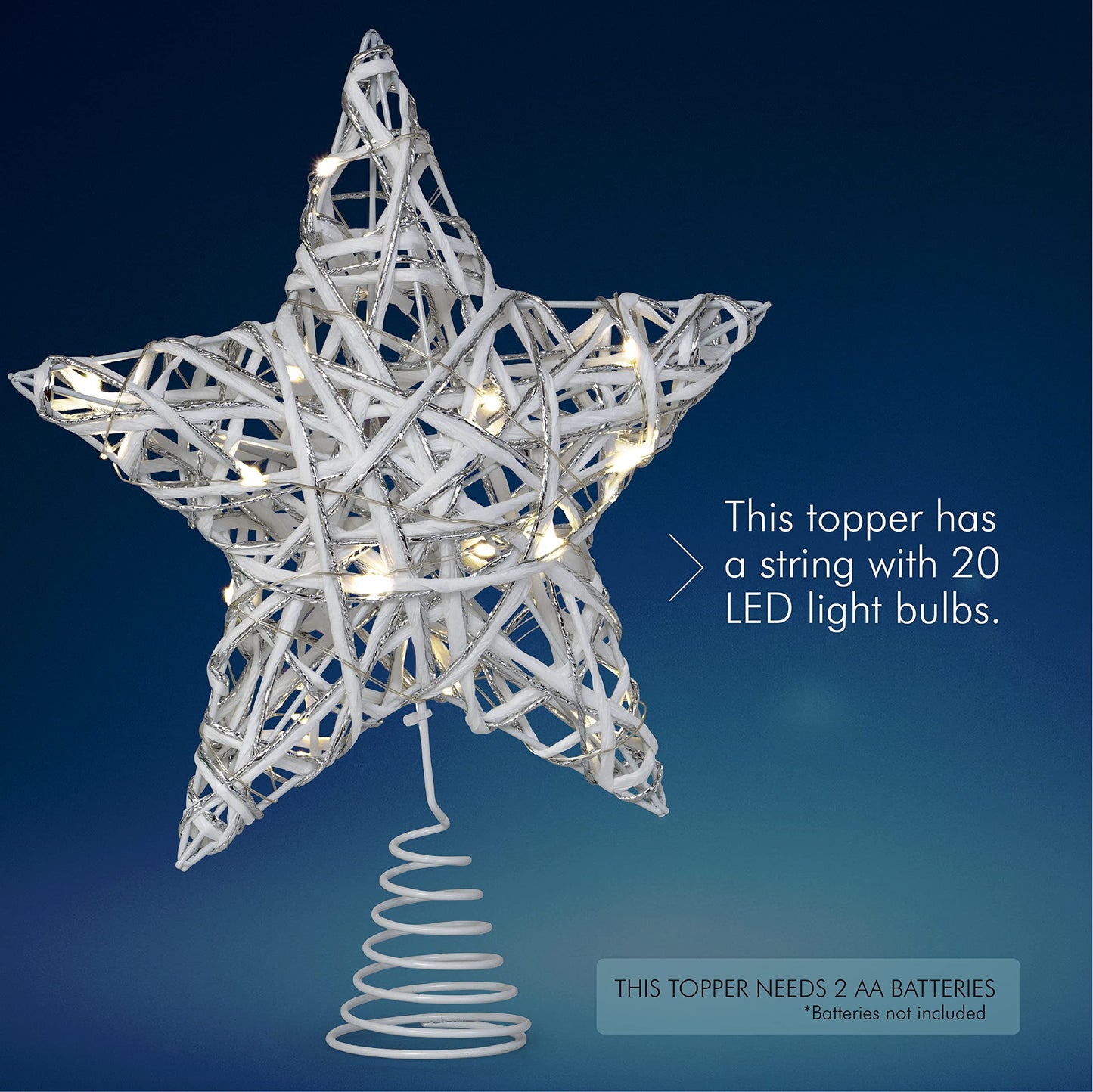 Ornativity Christmas Star Rattan Tree Topper – White and Silver Xmas Holiday Decor Rustic LED Lights Light Up Tree Top Topper Ornament Decoration 12"