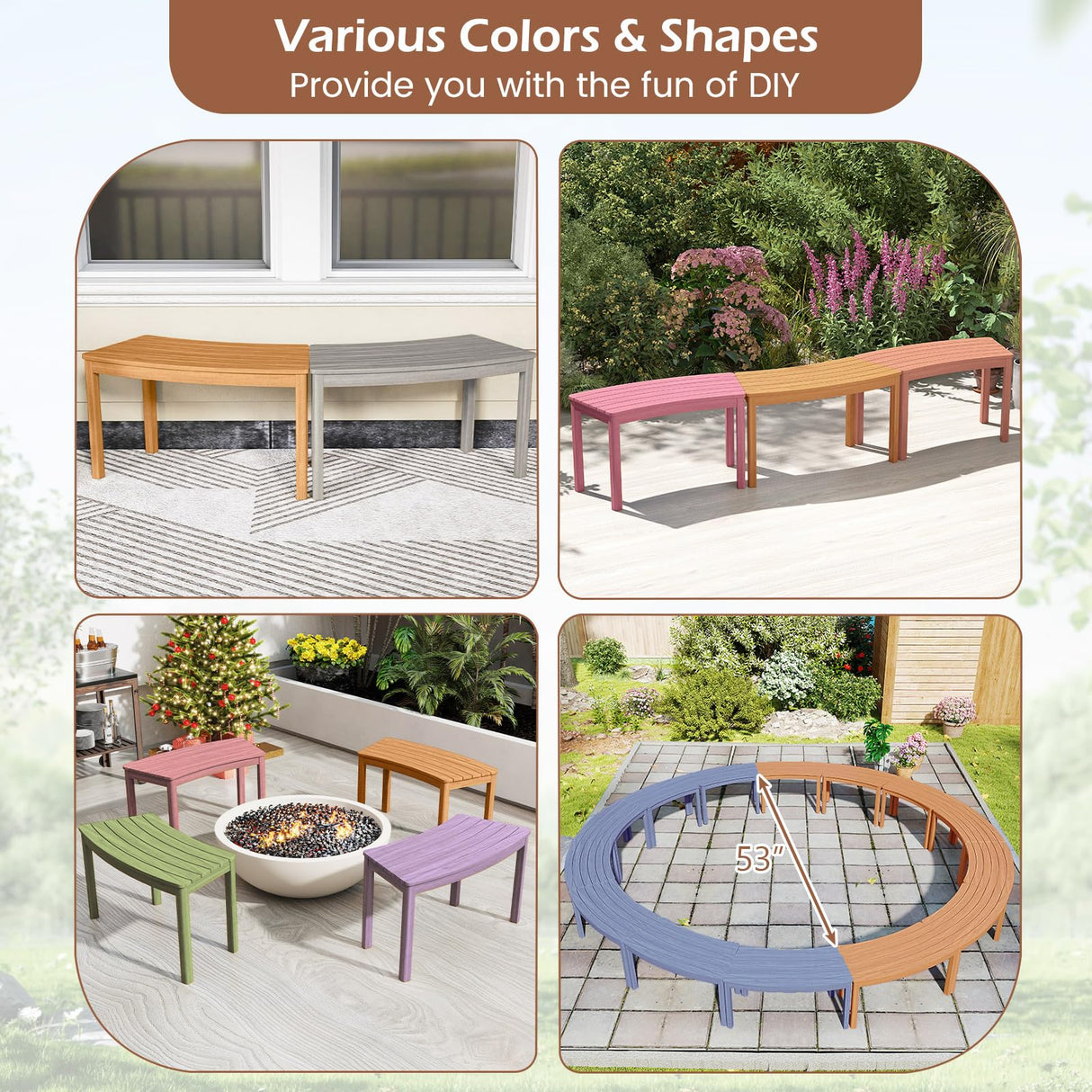 HAPPYGRILL Acacia Wood Outdoor Curved Bench, Fire Pit Bench with Slatted Seats, Tree Benches Wrap Around for Patio Garden Backyard, 400 lbs (3) HAPPYGRILL