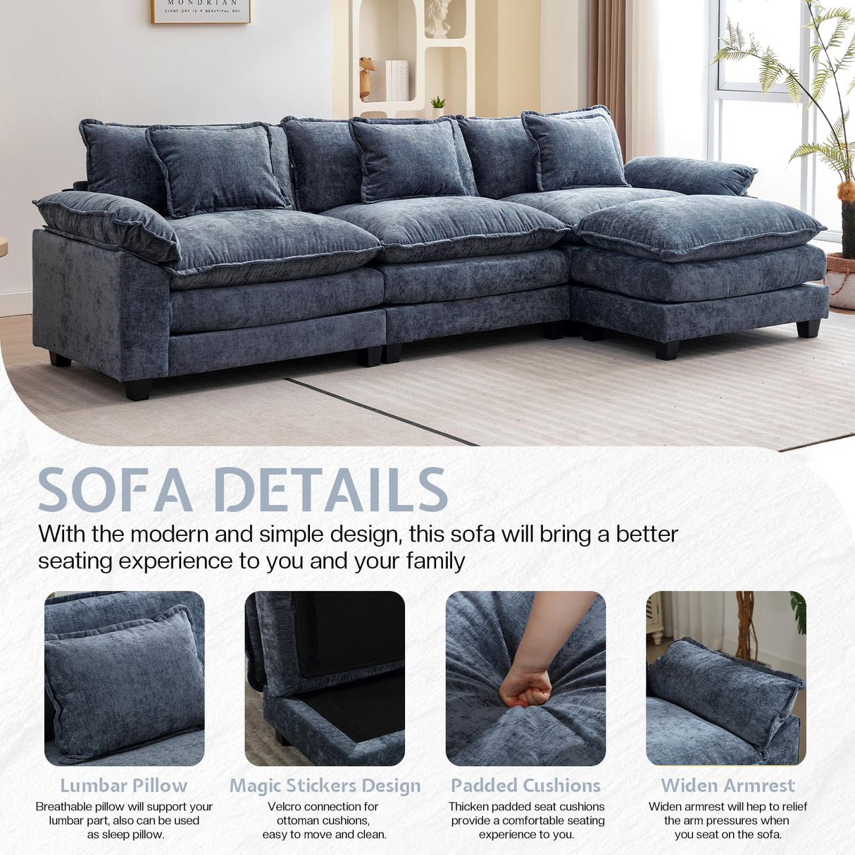 OQQOEE Sectional Sofa Modular Cloud Couch Upholstered Deep Seat Cloud Sofas with Ottoman Comfy Chenille Sofa Sleeper for Living Room,Apartment (Blue, L Shaped-3 Seat & Ottoman) OQQOEE