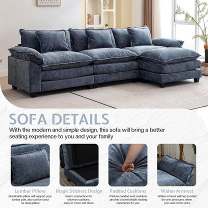 OQQOEE Sectional Sofa Modular Cloud Couch Upholstered Deep Seat Cloud Sofas with Ottoman Comfy Chenille Sofa Sleeper for Living Room,Apartment (Blue, L Shaped-3 Seat & Ottoman)