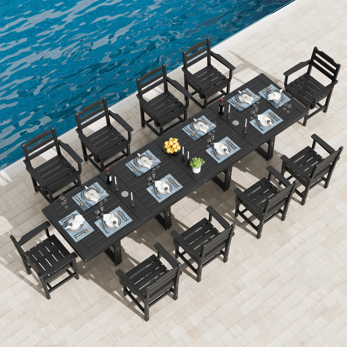K Knowbody 12-Piece Outdoor Dining Set for 10 - All-Weather Patio Furniture HDPE Table with Umbrella Hole and Chairs for Garden, Backyard, Poolside,Balcony, Black K Knowbody