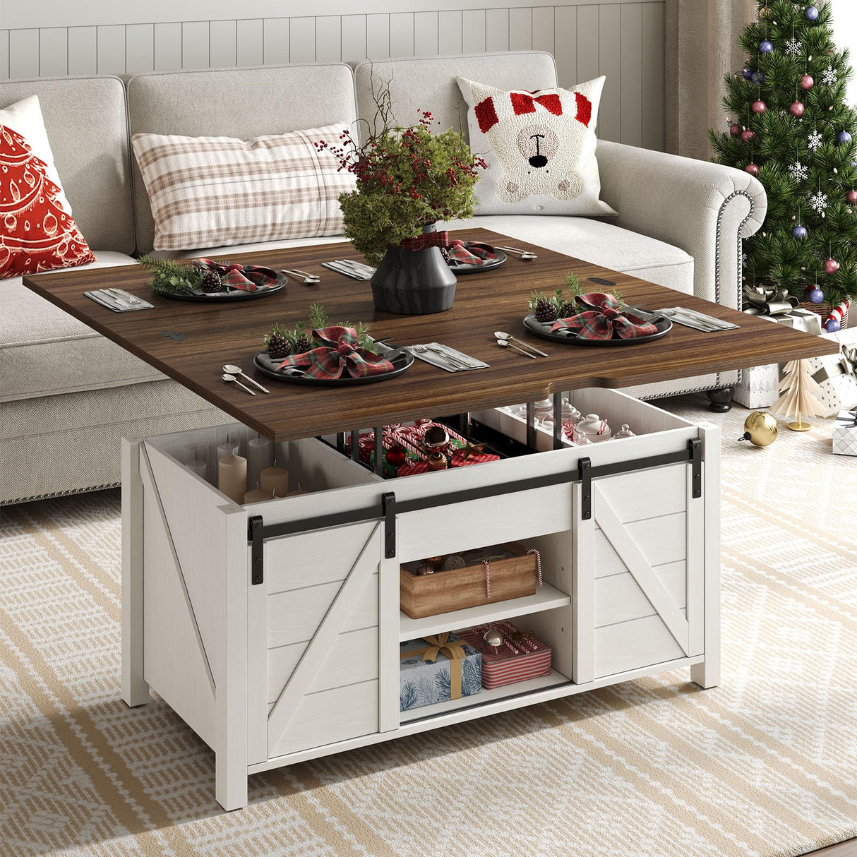 ONBRILL Farmhouse Lift Top Coffee Table with Sliding Barn Door,Rustic Center Table with Hidden Storage Compartment,Storage Coffee Table Converts to Dining Table for Living Room,Office,White and Brown ONBRILL