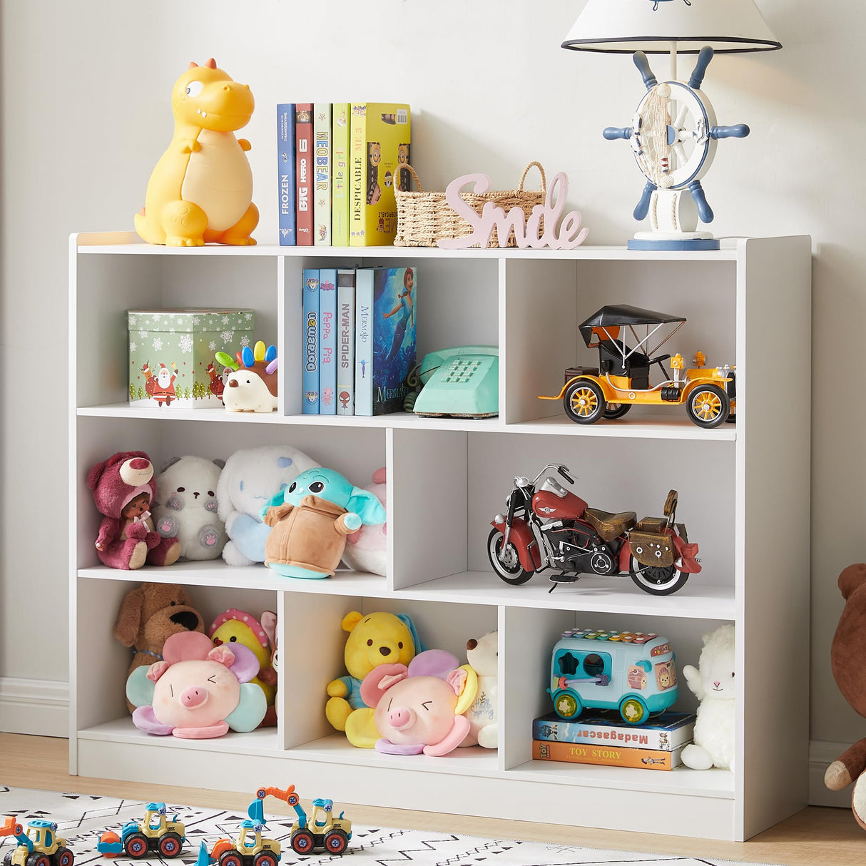 Elegant 3-Tier White Wooden Bookshelf with 8 Sections and Anti-Tilt Device Onirw