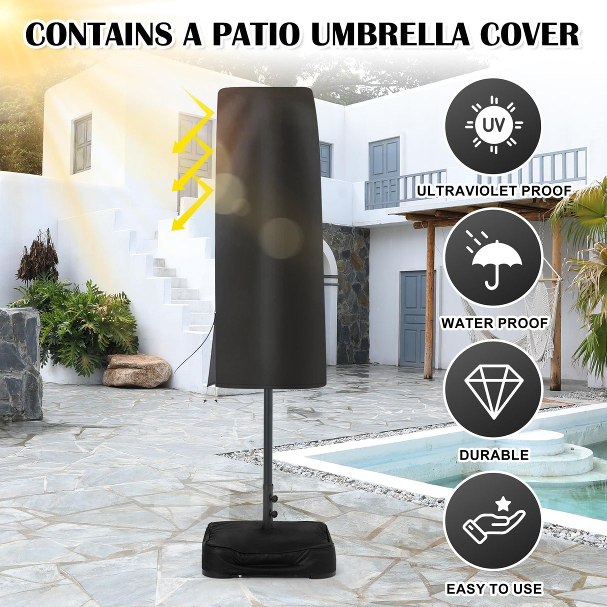 Sundale Outdoor Solar 144 LED 15 ft Patio Umbrella with Sandbag Base Included and Cover, Outdoor Double-Sided Umbrella, Navy Sundale Outdoor
