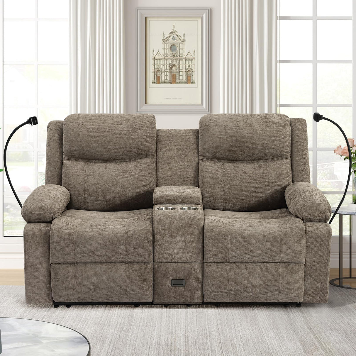 RIHEREFY Loveseat Recliner Sofa, Reclining Loveseat with Console, RV Wall Hugger Double Loveseat Recliner Couch for Living Room & Home Theater (Chenille-Camel) RIHEREFY