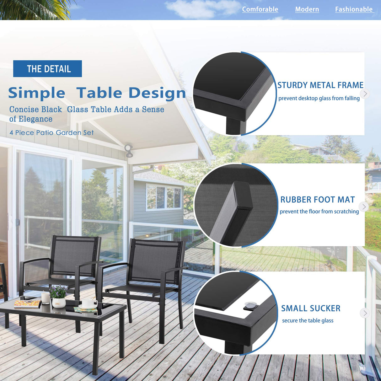 Vongrasig 4 Pieces Patio Furniture Sets,Outdoor Patio Conversation Sets with Glass Coffee Table, Small Porch Balcony Furniture, Patio Table and Chairs Set for Garden, Backyard (Black) Vongrasig