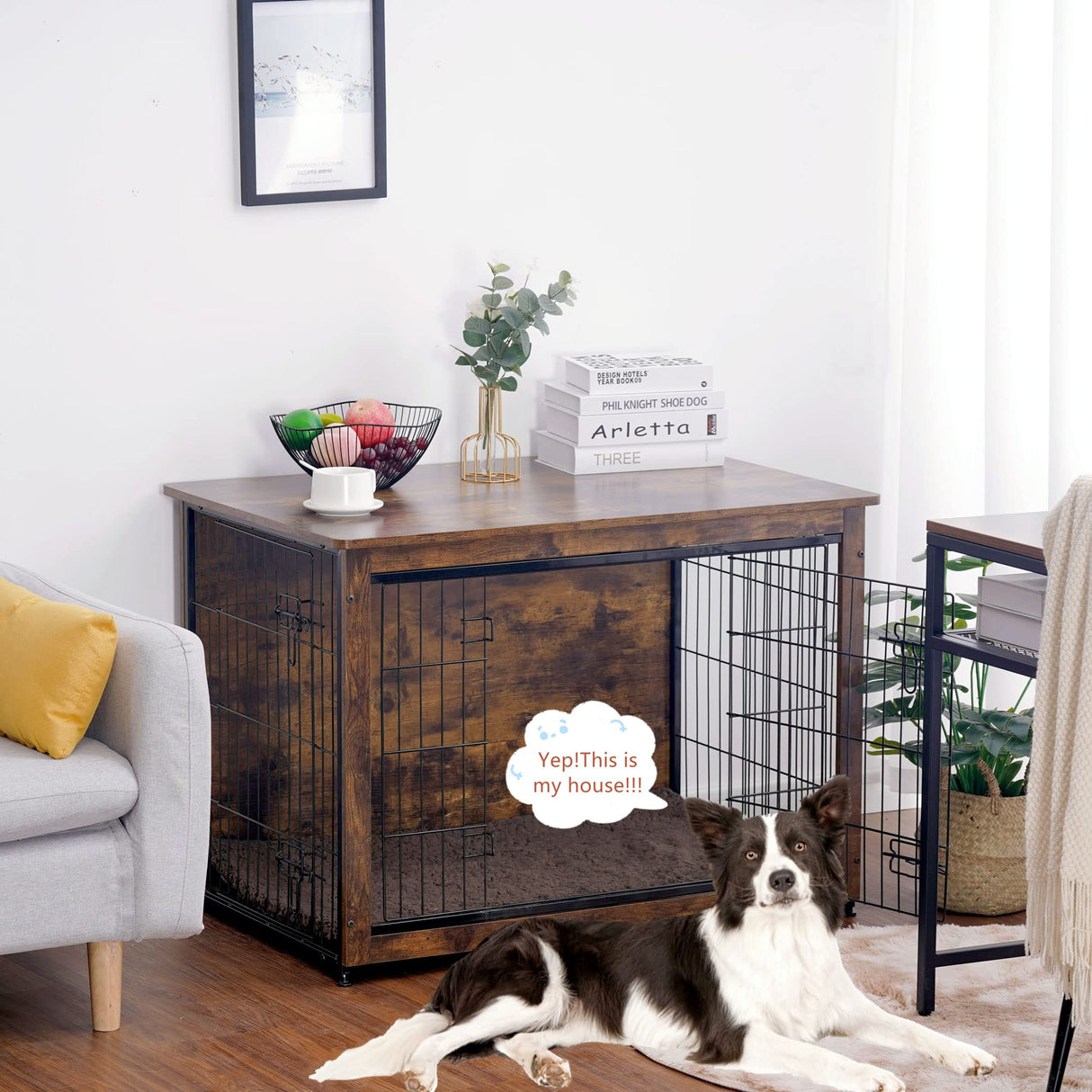 DWANTON Dog Crate Furniture with Cushion, Wooden Dog Crate Table, Double Doors Dog Furniture, Indoor Dog Kennel, Dog House, Dog Cage Large, 38.5" L, Rustic Brown Dwanton