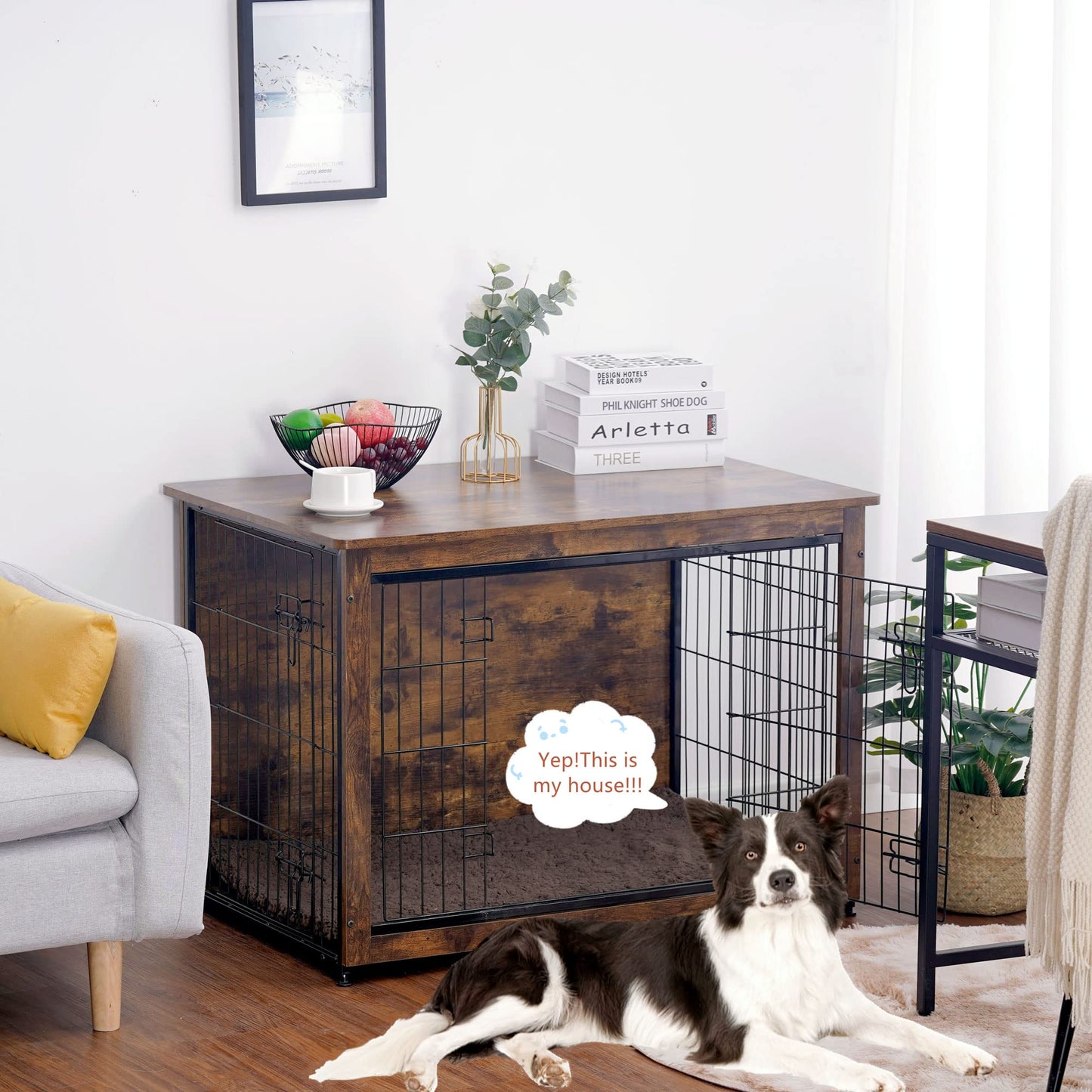 DWANTON Dog Crate Furniture with Cushion, Wooden Dog Crate Table, Double Doors Dog Furniture, Indoor Dog Kennel, Dog House, Dog Cage Large, 38.5" L, Rustic Brown - WoodArtSupply