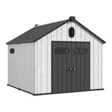 UDPATIO 8x10 FT Outdoor Storage Shed, Resin Plastic Shed with Floor Air Vents Side Windows Skylights Lockable Doors, Backyard Patio Garden, Grey UDPATIO