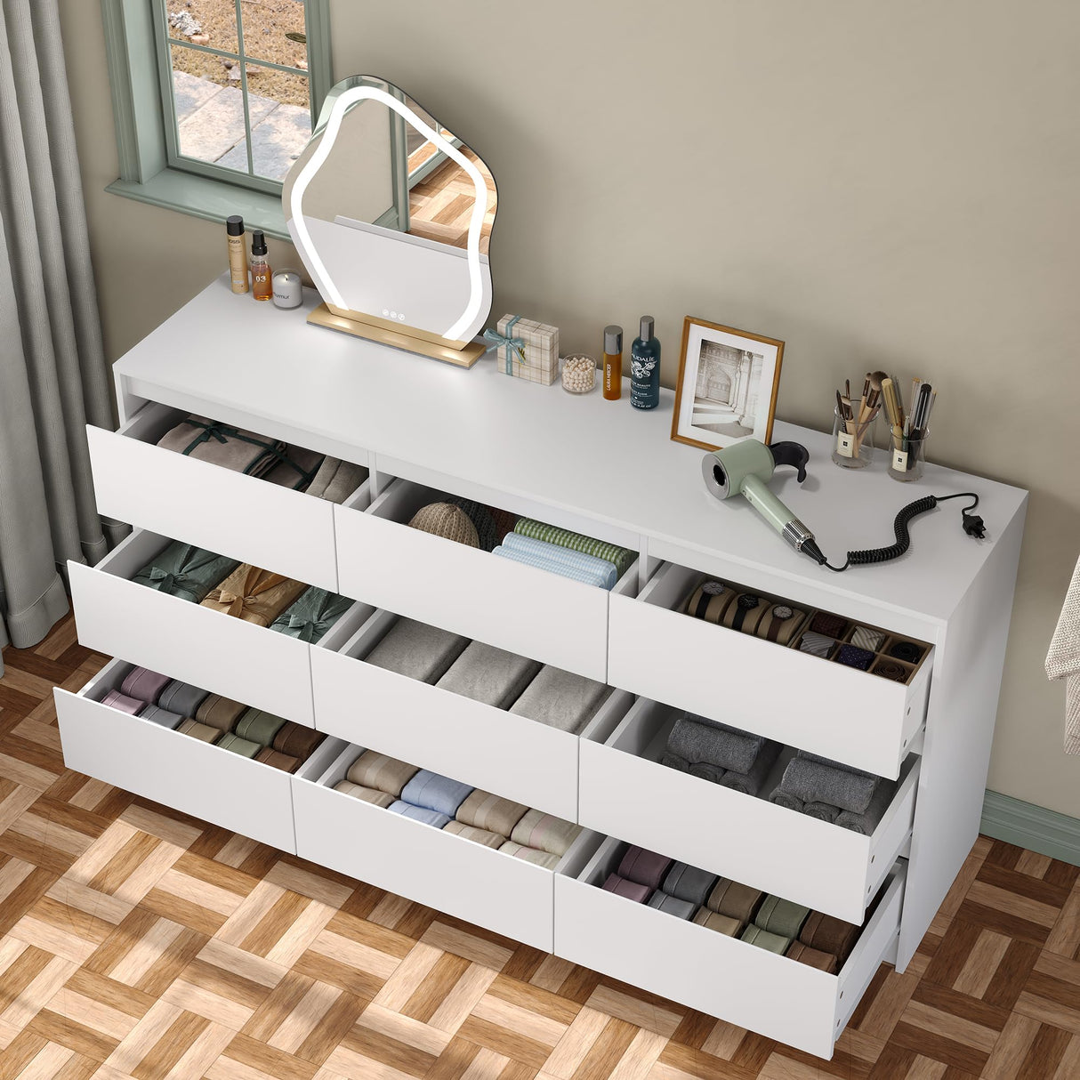 Furniouse Modern 9 Large Storage Drawers Dresser for Clothes Organizer, White Modern Chest of Drawers for Closet,63" Long Drawer Organizer Cabinet for Bedroom,Living Room,Entryway,Hallway Furniouse