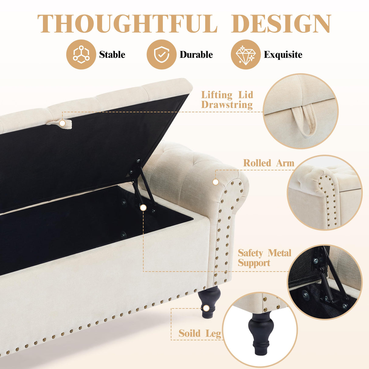 Howjoe 51" Bedroom Storage Bench, End of Bed Bench with Storage, Chenille Upholstered Benches, Ottoman with Storage, Window Benches with Rolled Arm and Nailhead Trim for Living Room, Entryway, Beige Howjoe