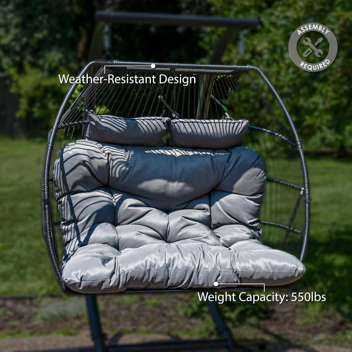 Sunnydaze Andrei Double Hanging Egg Chair with Cushion - 2-Person Outdoor Egg Chair - Includes Polyester Cushion - Dark Gray Sunnydaze