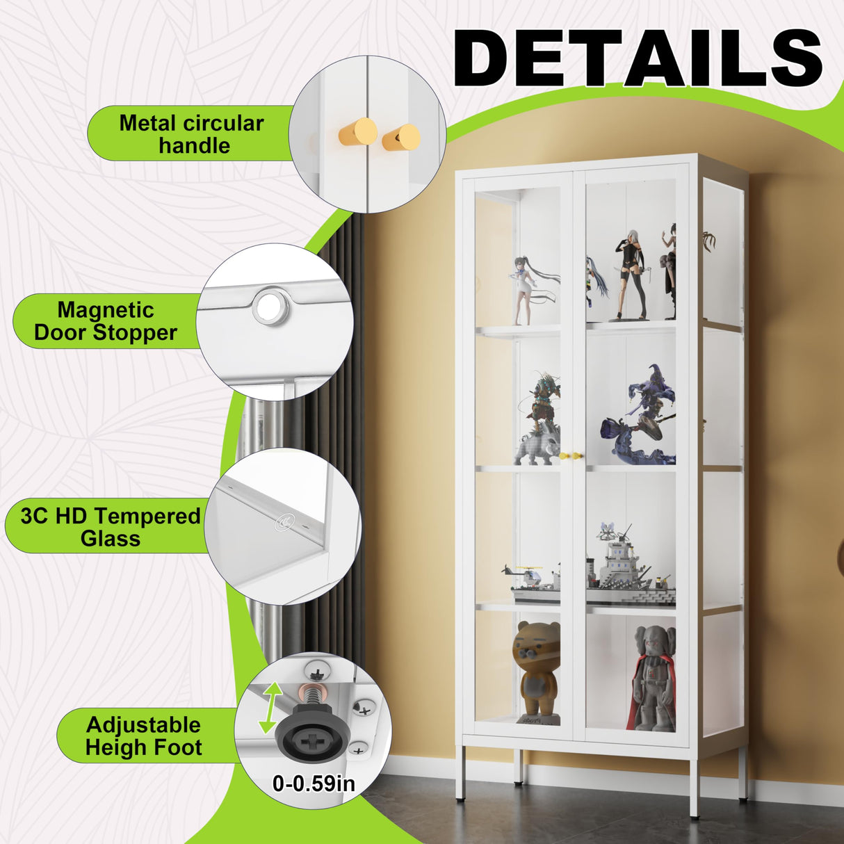 UNICOLY Display Cabinet with Glass Doors, Glass Display Cabinet 4-Tier, Metal Curio Display Cabinet with Tempered Glass Doors for Bedroom, Living Room,Dining Room.White UNICOLY