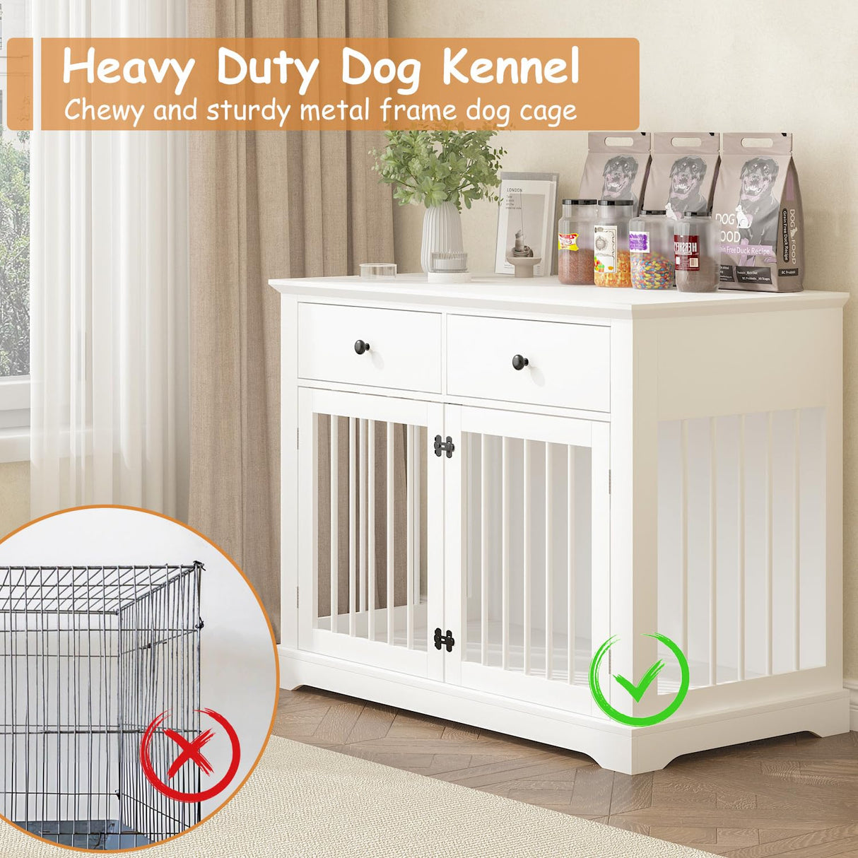 PRETZI Dog Crate Furniture, 44 Inch Wooden Dog Kennel Indoor with 2 Storage Drawers, Heavy Duty Large Crate Furniture, Decorative End Table Cage Furniture for Small/Medium/Large (White) PRETZI