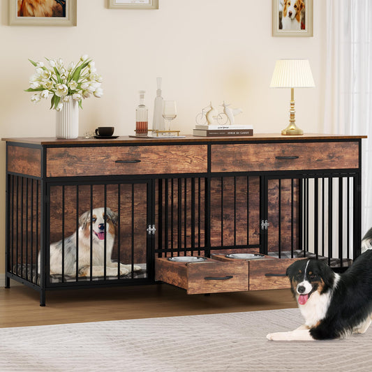 YITAHOME Double Dog Crate Furniture with Feeder, 74.8" Indoor Dog Kennel for Large Breed with Storage, Wooden Dog Crate TV Stand Table for 2 Small Medium Dogs, Rustic Brown - WoodArtSupply