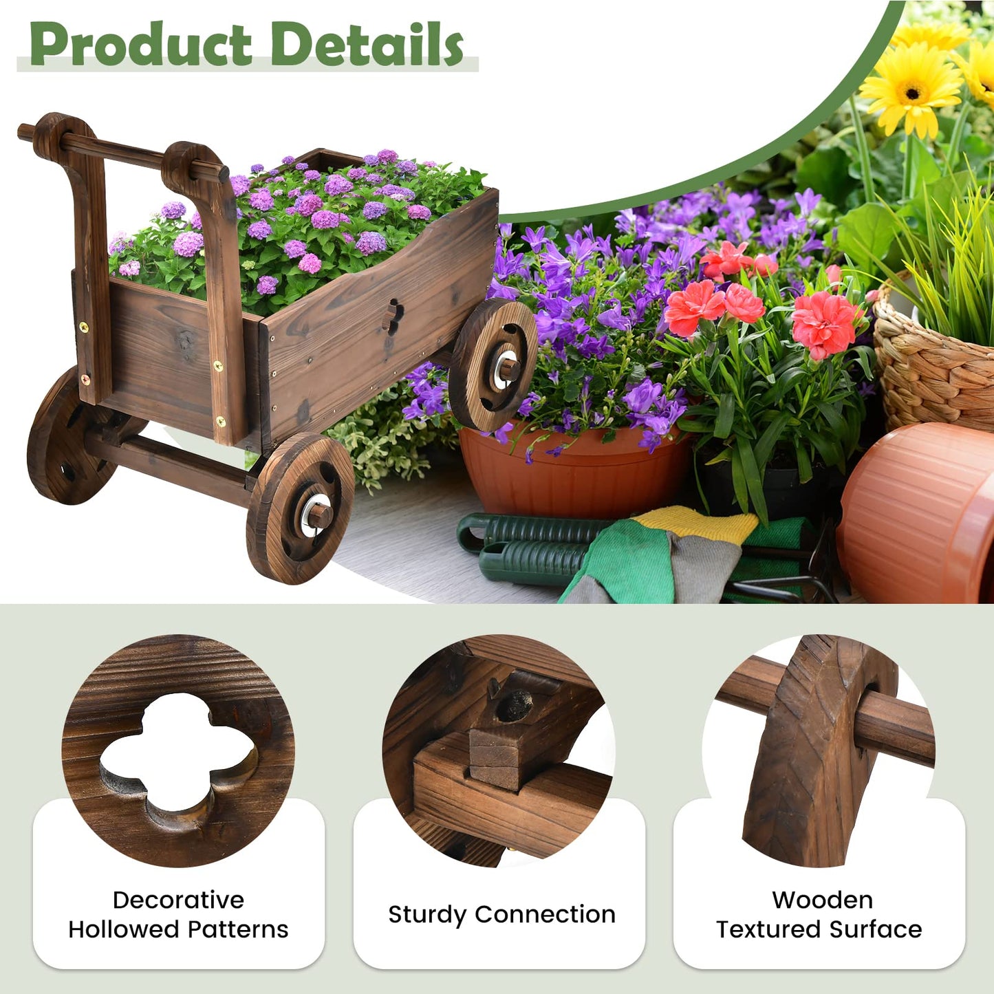 Giantex Wooden Wagon Planter Raised Bed on Wheels, Handle, Drainage Hole, Decorative Wagon Cart, Rustic Flowerpot Planter, Mobile Plant Pot Stand, Indoor & Outdoor Patio Garden Balcony - WoodArtSupply