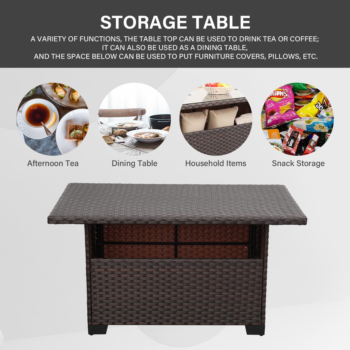 WAROOM Outdoor PE Wicker Coffee Table - Patio Rattan Garden Furniture Multi-Functional Storage Tea Dining Table, Dark Brown WAROOM