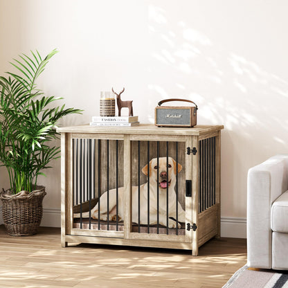 Meadaro 37.4" Dog Crate Furniture Solid Wood with Dog Cushion for Large Dogs, Heavy Duty Dog Kennel Indoor with Sliding Door Chew-Resistant Steel Tube Decorative Dog House Dog Cage Side End T - WoodArtSupply