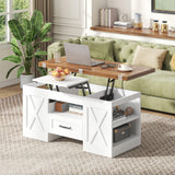 kepptory 39.4'' Lift Top Coffee Table with Storage, 4 in 1 Multi-Function Convertible Coffee Tables for Living Room, Farmhouse Coffee Table with Open Storage Compartment & Drawers (Brown&White) kepptory