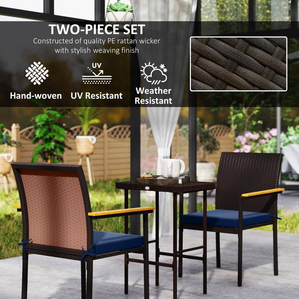 Outsunny Wicker Outdoor Dining Chairs Set of 2, Stackable PE Rattan Patio Dining Chairs with Cushions and Acacia Wood Armrests for Deck, Garden, 353 LBS Capacity, Navy Blue Outsunny