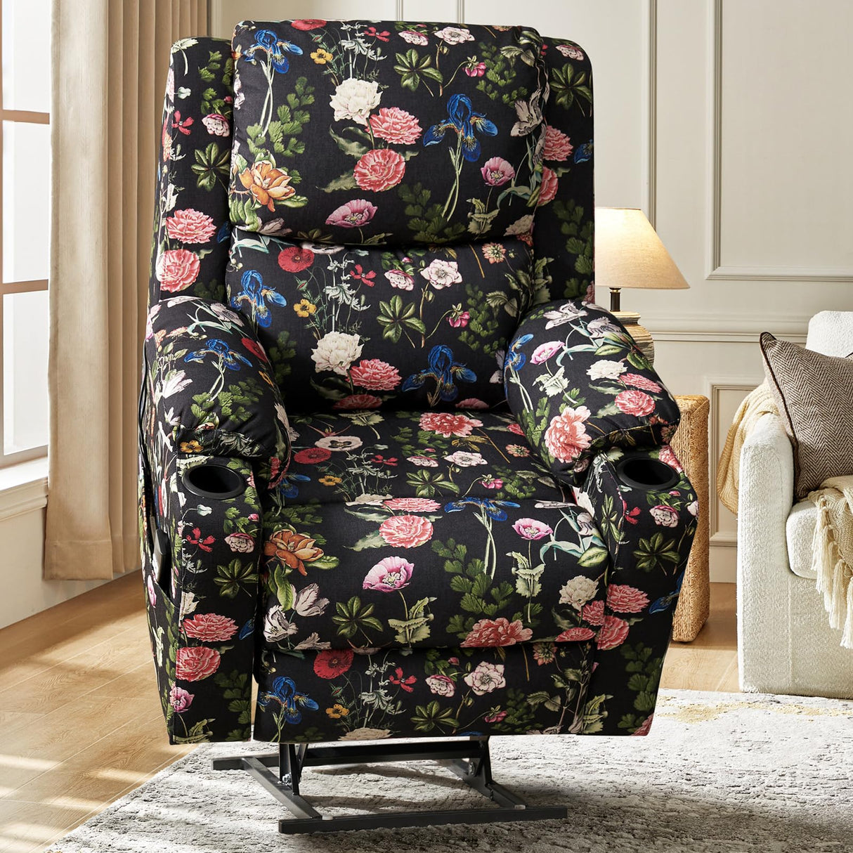 The support you need Lay Flat Dual Motor Power Lift Recliner Chair with Massage and Heat for Elderly, Floral Pattern Lift Chair with USB Ports, Cup Holders, Side Pockets, Black The support you need