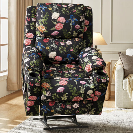 The support you need Lay Flat Dual Motor Power Lift Recliner Chair with Massage and Heat for Elderly, Floral Pattern Lift Chair with USB Ports, Cup Holders, Side Pockets, Black The support you need