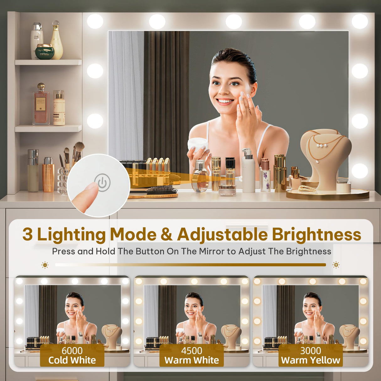 YITAHOME Vanity Desk with Mirror and Lights, Makeup Table with Charging Station, Large Vanity Set with 4 Drawers, Cute Makeup Desk with 6 Storage Shelves, White YITAHOME