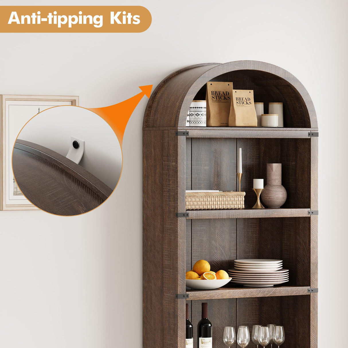 GarveeHome Bookcase 5 Shelf Arched Bookshelf 71.65in Tall Bookcase Farmhouse Display Storage Rack Wooden Bookshelves for Home Office, Living Room (Brown) GarveeHome