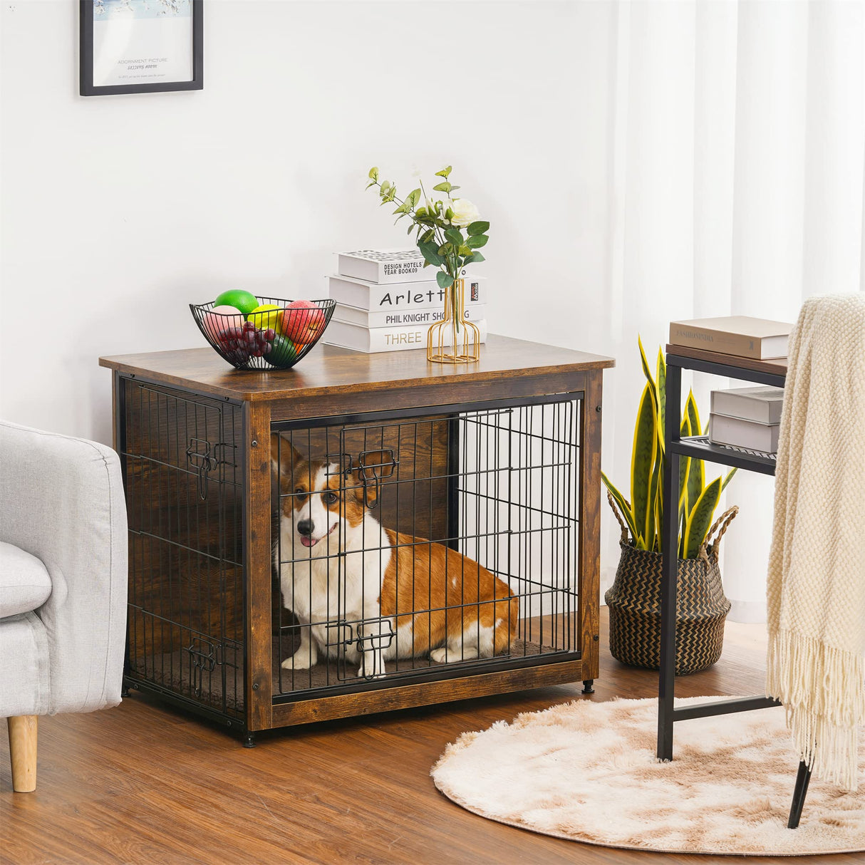 DWANTON Dog Crate Furniture with Cushion, Wooden Dog Crate Table, Double Doors Dog Furniture, Indoor Dog Kennel, Dog House, Dog Cage Medium, 32.5" L, Rustic Brown Dwanton