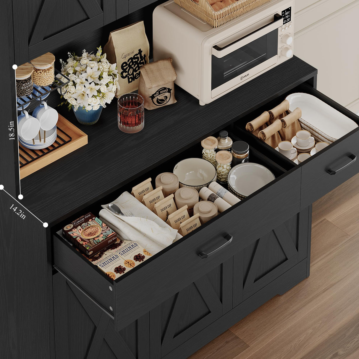 HOSTACK 71" Pantry Cabinet with Charging Station, Tall Kitchen Pantry Storage Cabinet with Microwave Stand, Farmhouse Kitchen Hutch with Storage Drawers for Living Room, Dining Room, Black Wood Grain HOSTACK