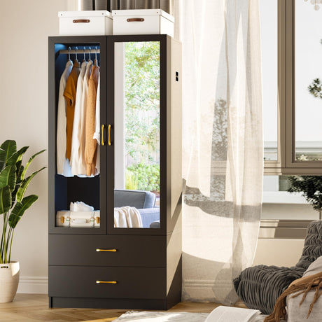 MDGC 71" Bedroom Armoires Wardrobe Closet with Mirror, 2 Door LED Closets with 3-Color Dimmable Lights, Armoire Storage Cabinet with Hanging Rod & Adjustable Shelves, 2 Drawers (Black) MDGC