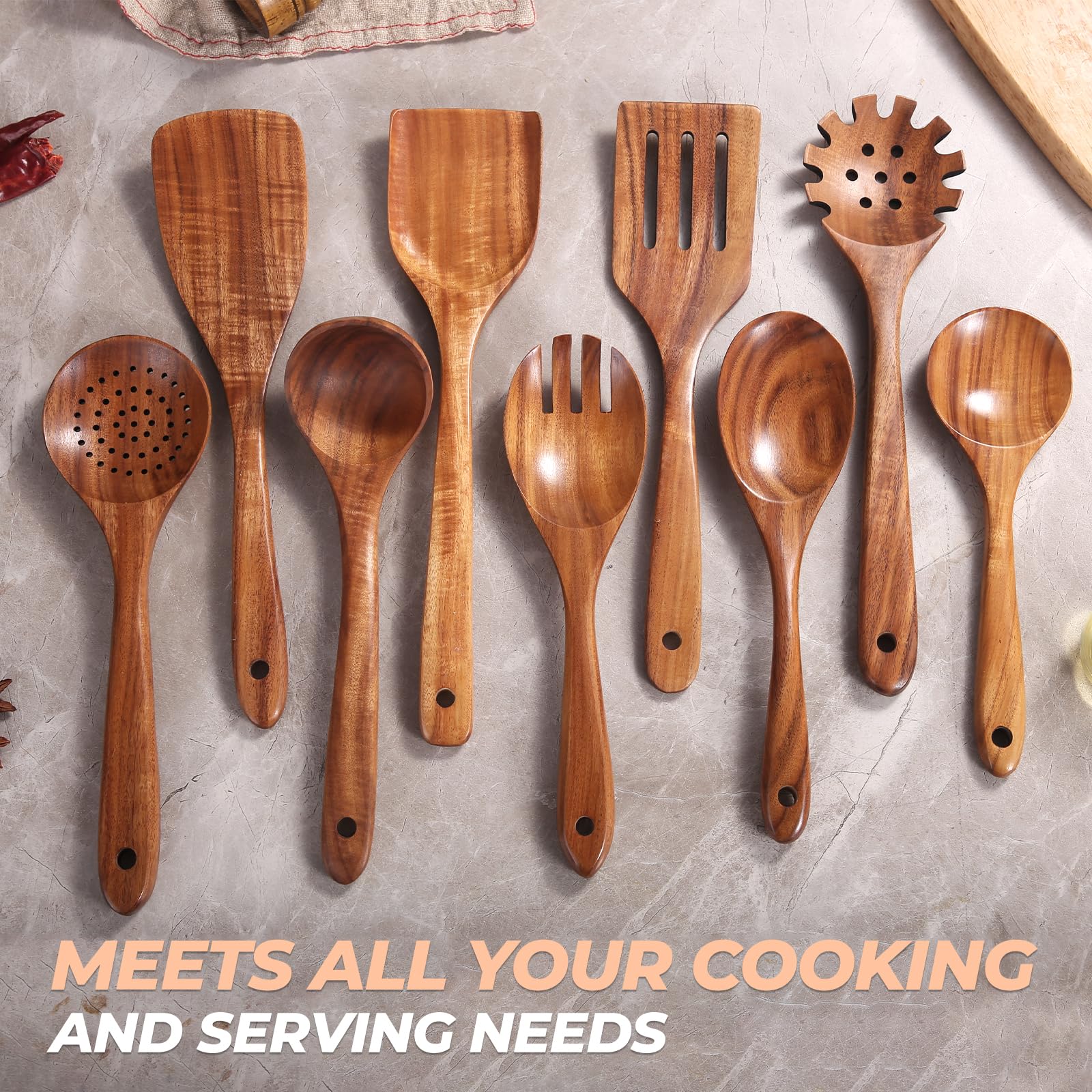 AIUHI Teak Wood Kitchen Utensil Set, 9-Piece Wooden Spoons for Cooking, Wooden Spoons Spatula for Cooking-Non-stick, Durable & Heat Resistant - WoodArtSupply