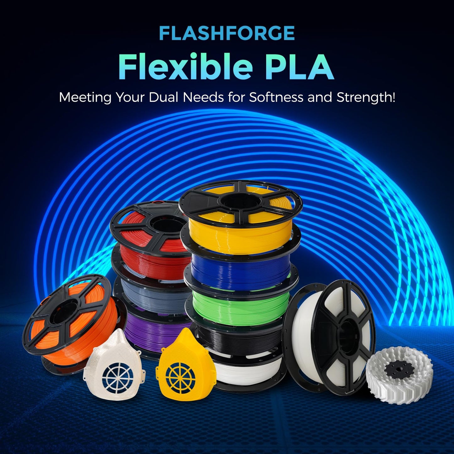 FLASHFORGE PLA Flexible 1.75 mm, 4X longer stretch 3D Printer Filament 1Kg (2.2lbs) Spool - Dimensional Accuracy +/- 0.02 mm, Ideal for Printing Soft Accessories - WoodArtSupply