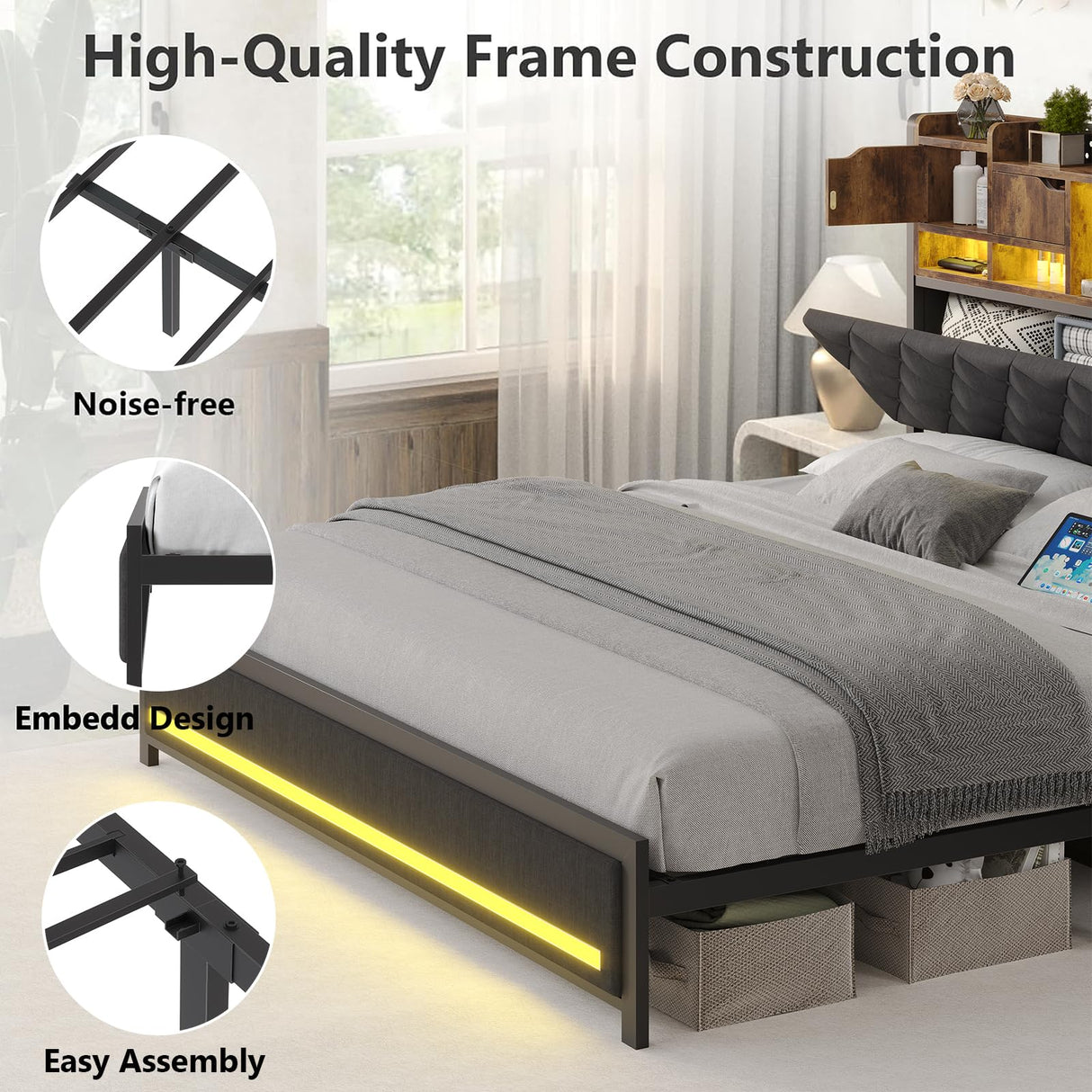 Dnxao King Bed Frame with Upholstered Headboard, Bed Frame King Size with Hidden Storage,3-Tier Storage Shelves, LED Lights and Charging Station, King Bed with Noise-Free, No Box Spring Needed, Gray Dnxao