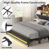Dnxao King Bed Frame with Upholstered Headboard, Bed Frame King Size with Hidden Storage,3-Tier Storage Shelves, LED Lights and Charging Station, King Bed with Noise-Free, No Box Spring Needed, Gray Dnxao