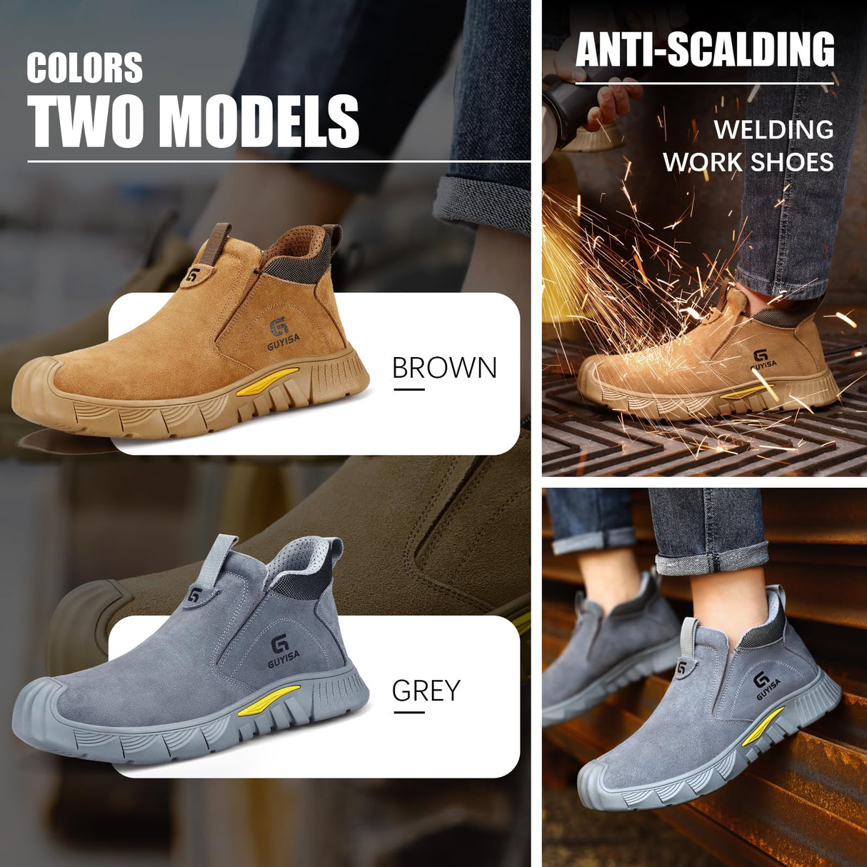 GLANOUDUN Welding Work Boots for Men Slip on Steel Toe Boots Soft Men's Steel Toe Shoes Safety Toe Work Shoes Indestructible Construction Boots Welder Boots,Brown GLANOUDUN